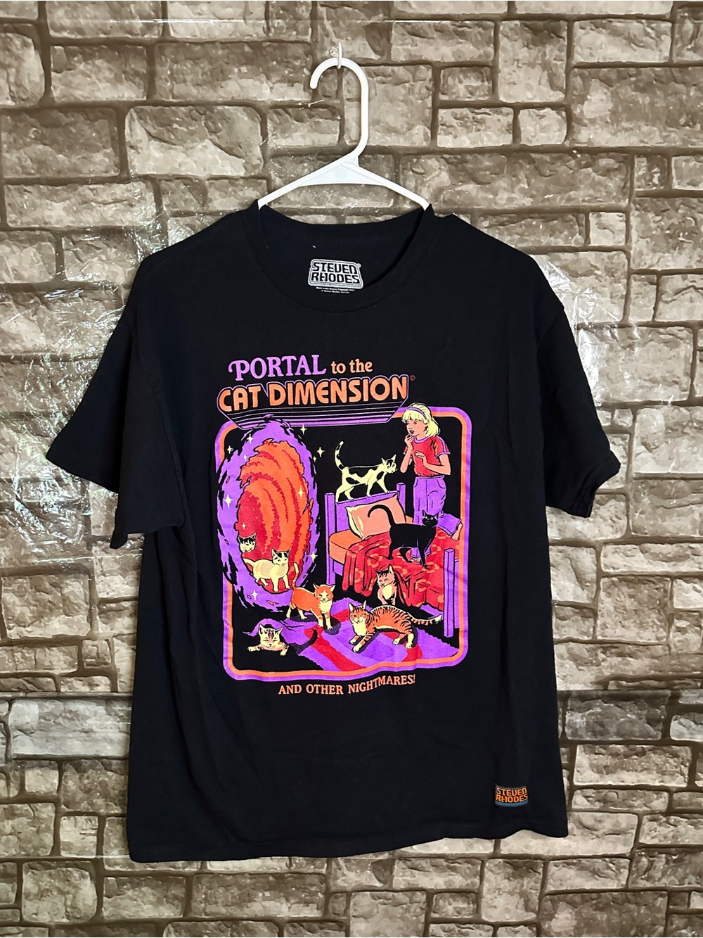 Steven Rhodes Portal to the Cat Dimension Black Graphic Cat T-Shirt Size L
